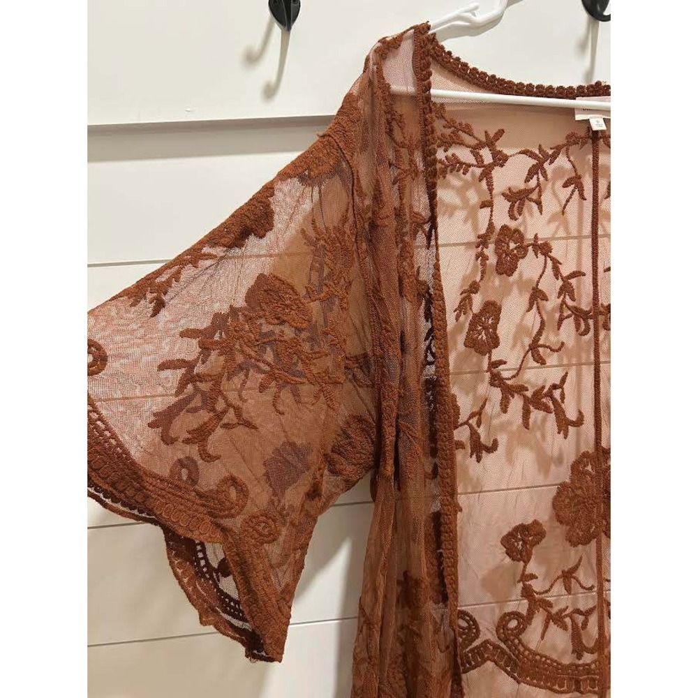 Dizzy Gal Rust Brown Floral Embroidered Mesh Kimono Cardigan Small Boho Sheer